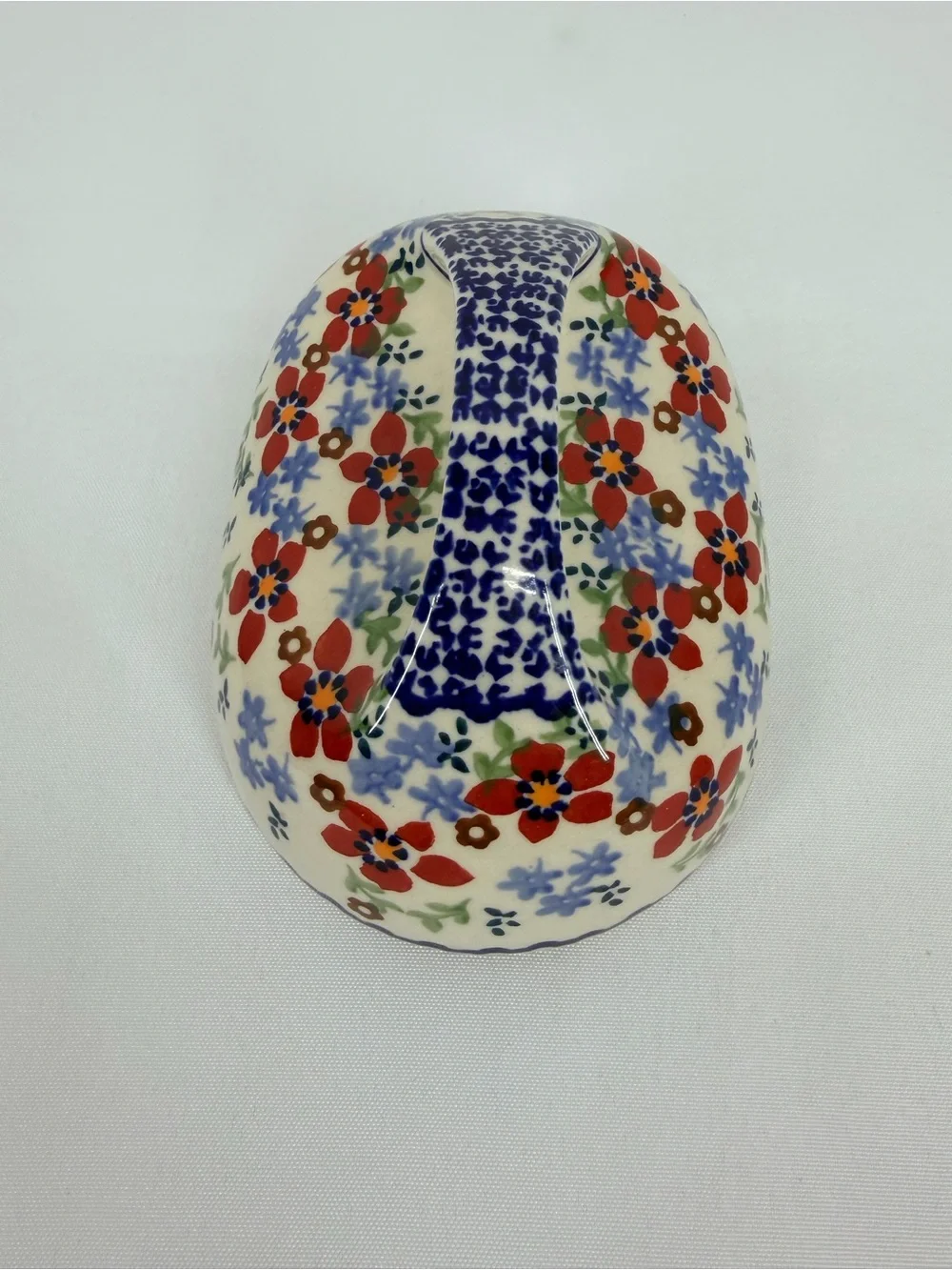 Polish Pottery Red Blue Floral Butter Dish Lid Only 6.5”